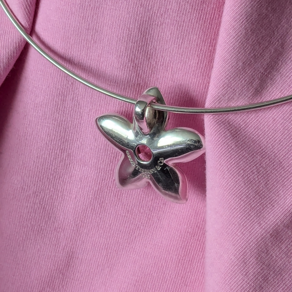 TIFFANY & CO Sterling Silver Pink Tourmaline Flower Pendant Choker Necklace 2003 - Picture 11 of 15